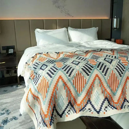 Bohemian striped knit throw blanket beige & brown living room decor