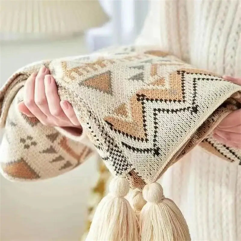 Bohemian striped knit throw blanket beige & brown living room decor
