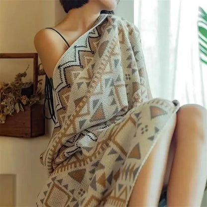 Bohemian striped knit throw blanket beige & brown living room decor