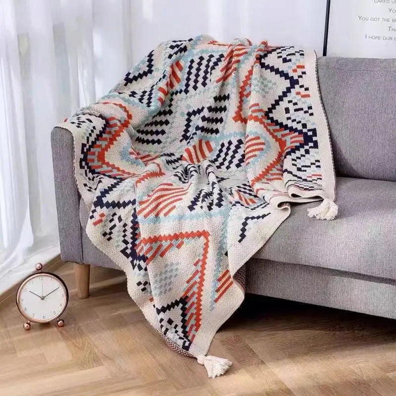Bohemian striped knit throw blanket beige & brown living room decor