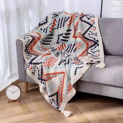 Bohemian striped knit throw blanket beige & brown living room decor
