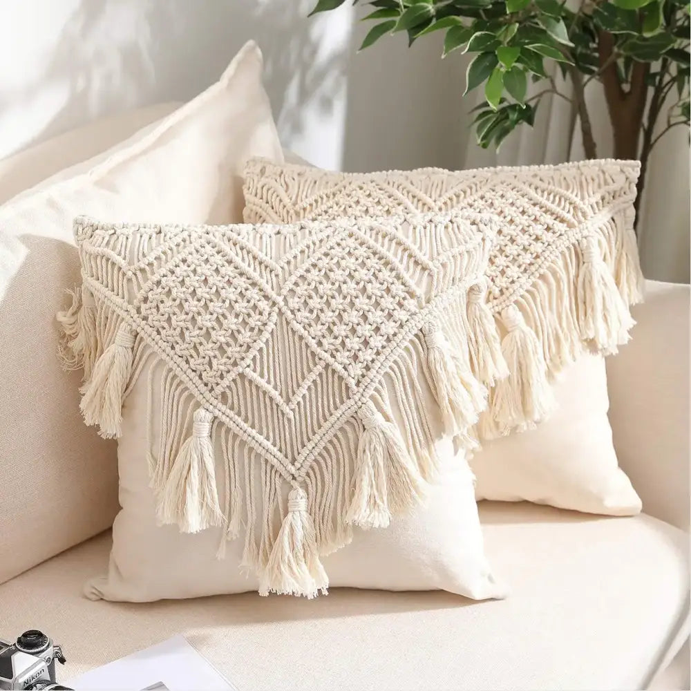 Bohemian style beige macrame cushion cover living room fringe pillow