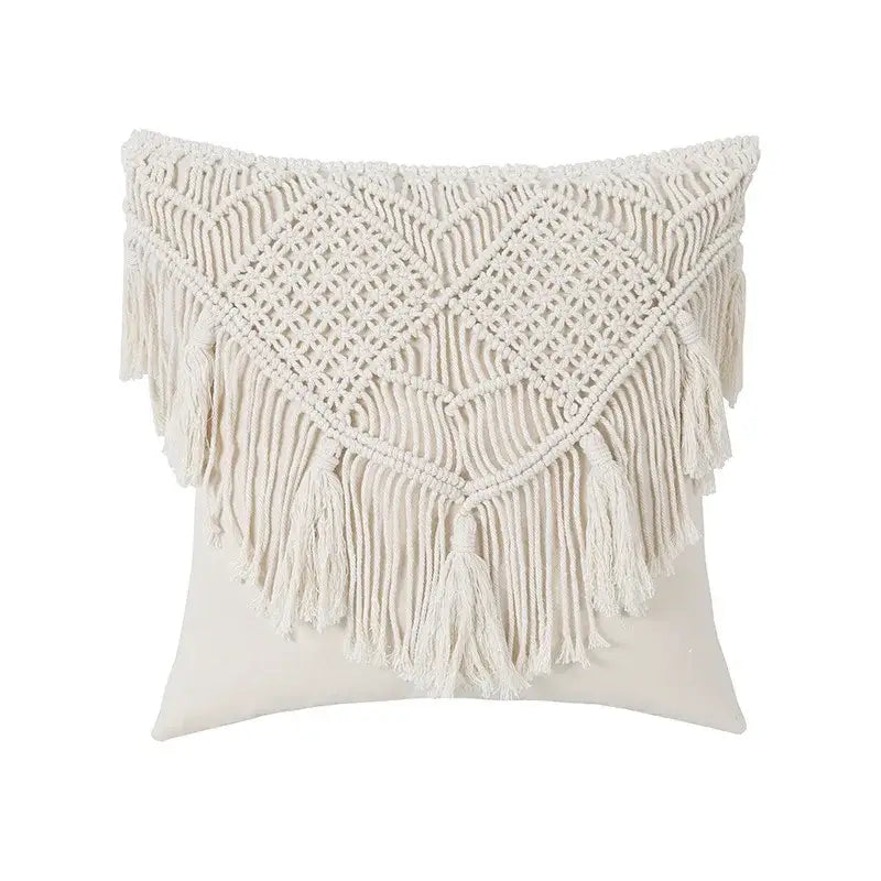 Bohemian style beige macrame cushion cover living room fringe pillow