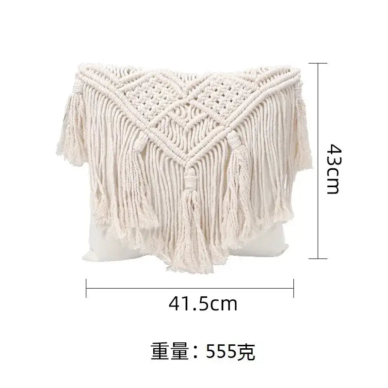 Bohemian style beige macrame cushion cover living room fringe pillow