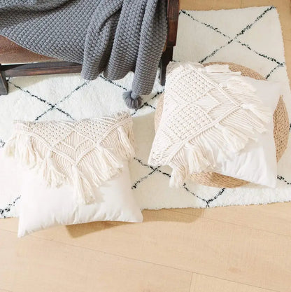 Bohemian style beige macrame cushion cover living room fringe pillow