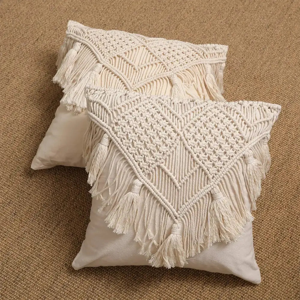 Bohemian style beige macrame cushion cover living room fringe pillow