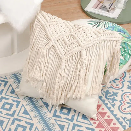 Bohemian style beige macrame cushion cover living room fringe pillow