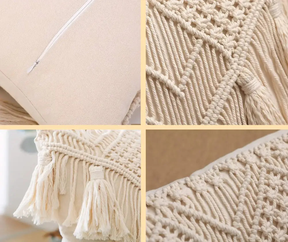 Bohemian style beige macrame cushion cover living room fringe pillow