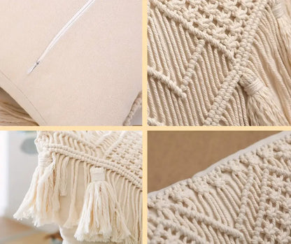 Bohemian style beige macrame cushion cover living room fringe pillow