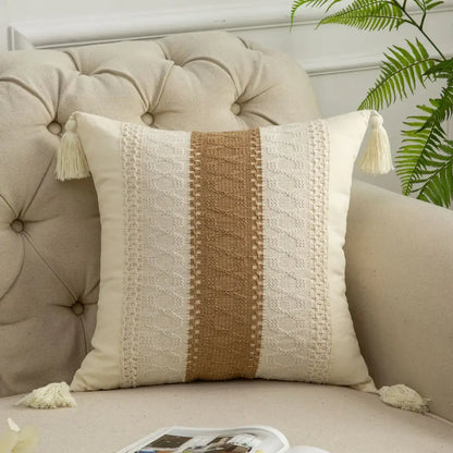 Bohemian style fringed cream & black pillow cover living room tassels