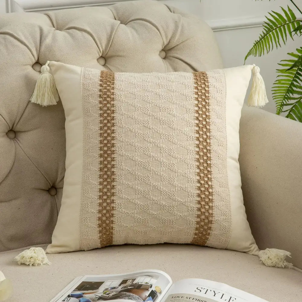 Bohemian style fringed cream & black pillow cover living room tassels