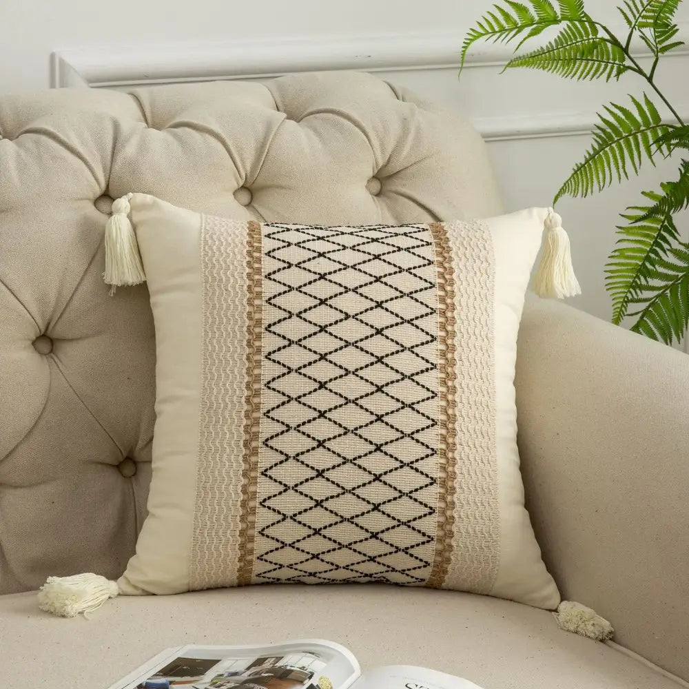 Bohemian style fringed cream & black pillow cover living room tassels