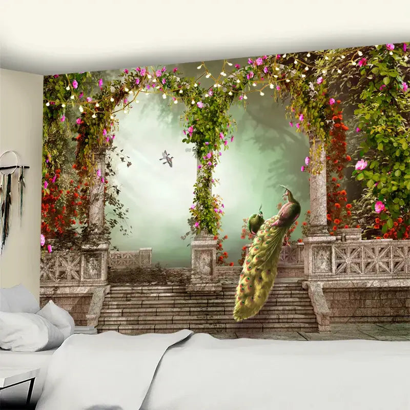 Bohemian sunlit village garden tapestry living room wall mural