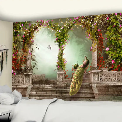 Bohemian sunlit village garden tapestry living room wall mural