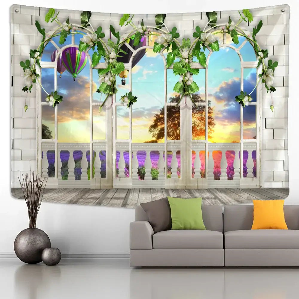 Bohemian sunlit village garden tapestry living room wall mural