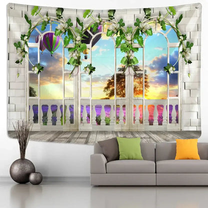 Bohemian sunlit village garden tapestry living room wall mural