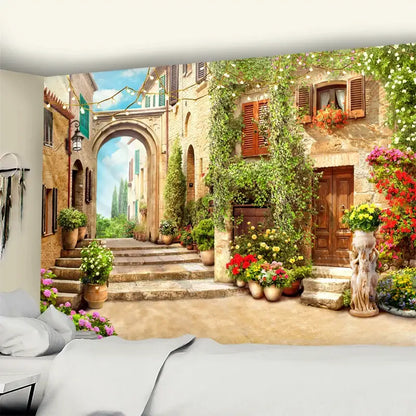 Bohemian sunlit village garden tapestry living room wall mural