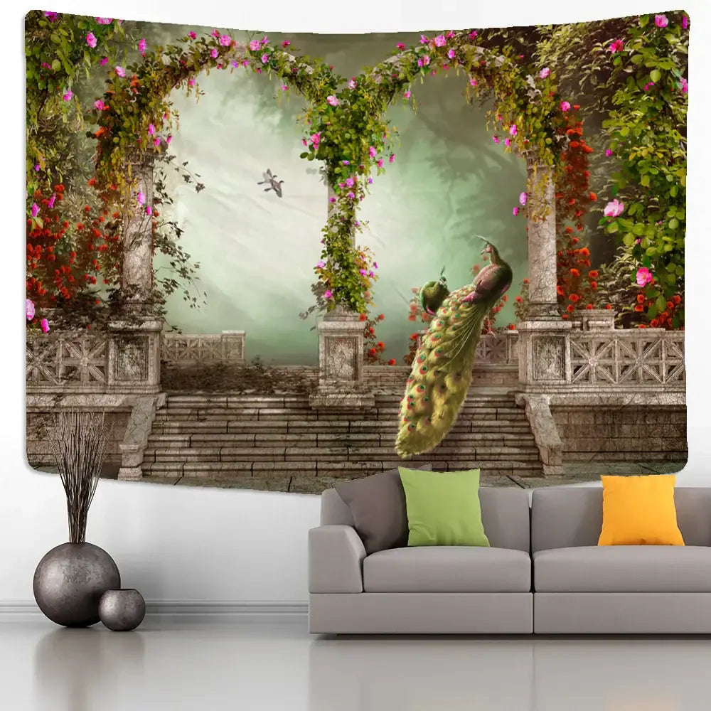 Bohemian sunlit village garden tapestry living room wall mural