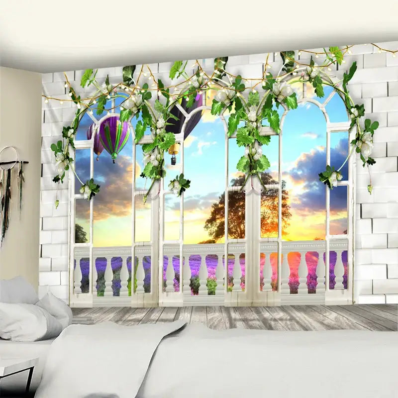 Bohemian sunlit village garden tapestry living room wall mural
