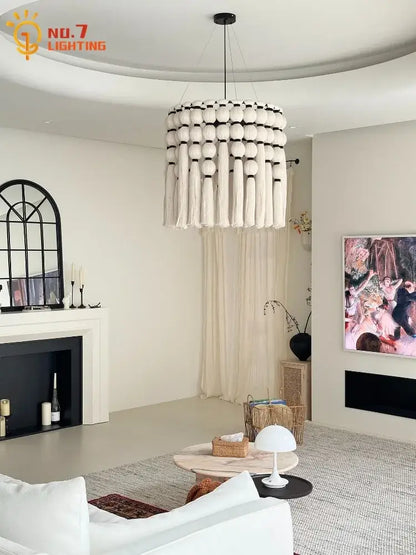 Bohemian tassel pendant led light beige macrame bedroom decor