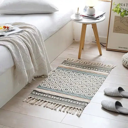 Bohemian tassel rug beige & rust geometric living room carpet