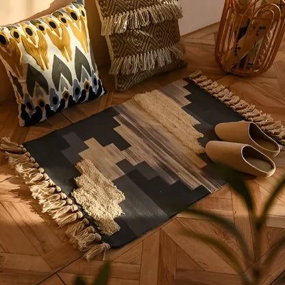 Bohemian tassel rug beige & rust geometric living room carpet