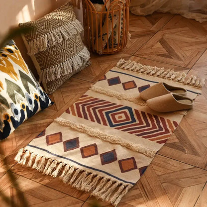 Bohemian tassel rug beige & rust geometric living room carpet