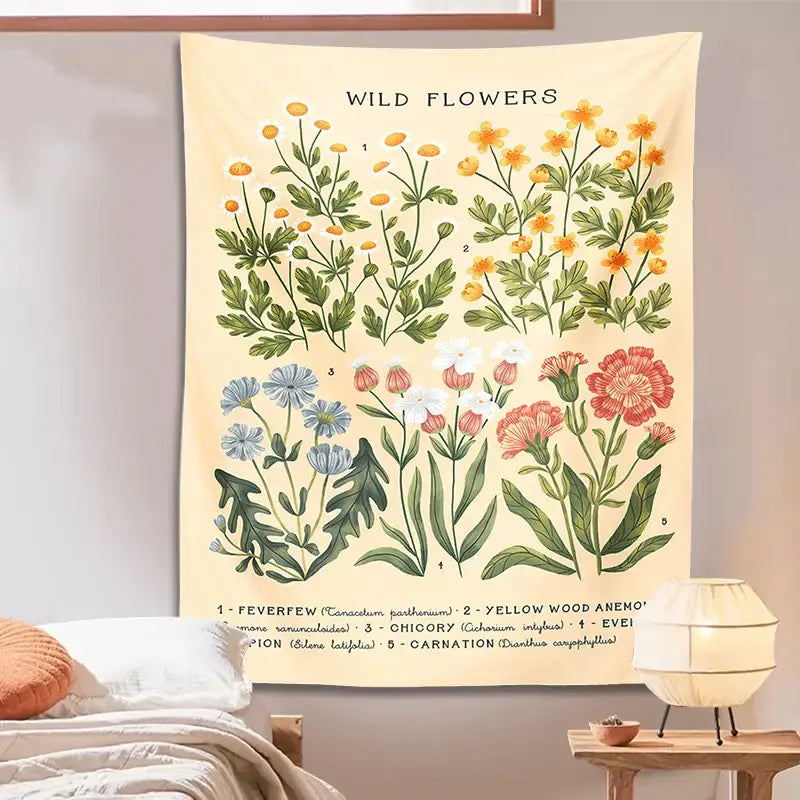 Bohemian teal botanical wildflower reference chart bedroom wall hanging
