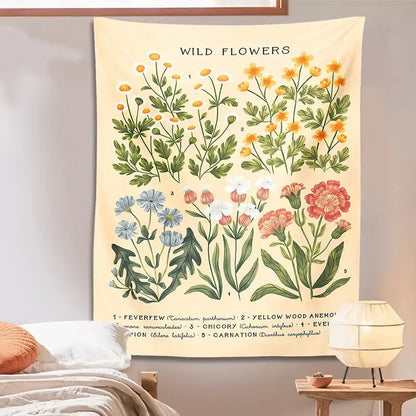 Bohemian teal botanical wildflower reference chart bedroom wall hanging