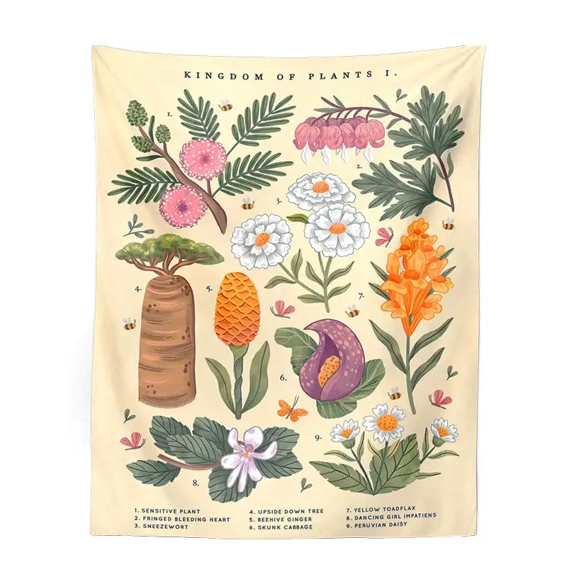 Bohemian teal botanical wildflower reference chart bedroom wall hanging