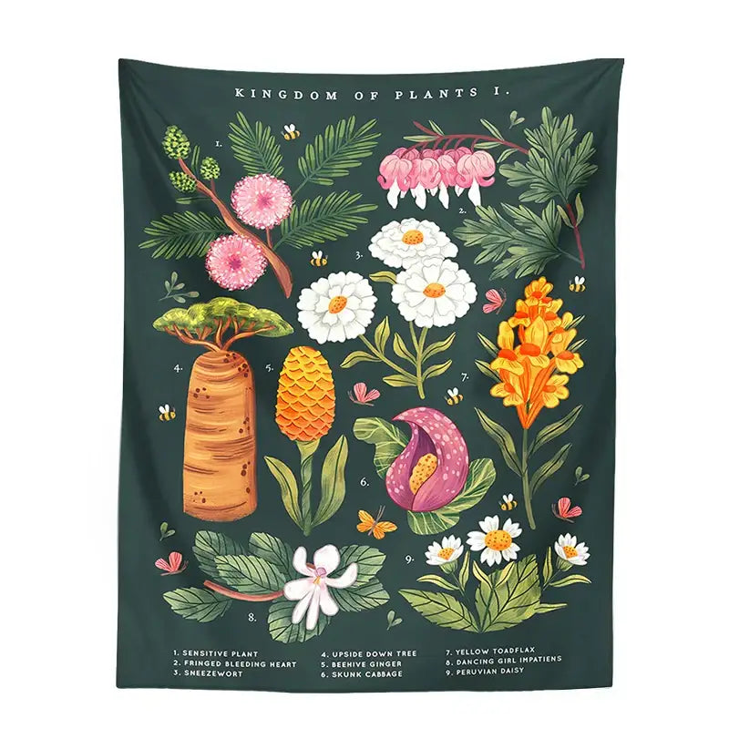 Bohemian teal botanical wildflower reference chart bedroom wall hanging