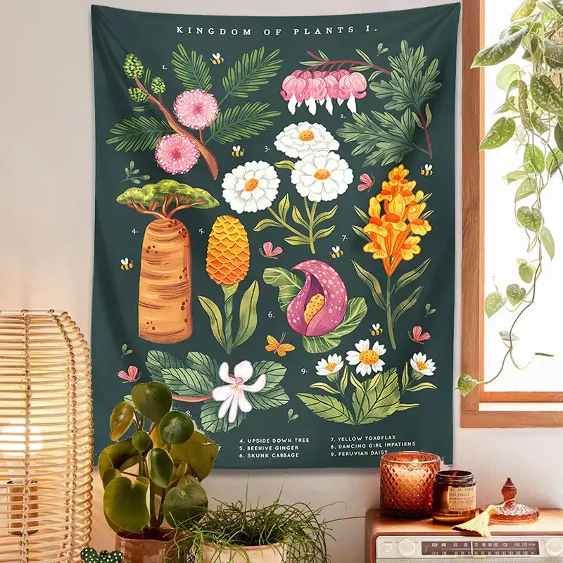 Bohemian teal botanical wildflower reference chart bedroom wall hanging