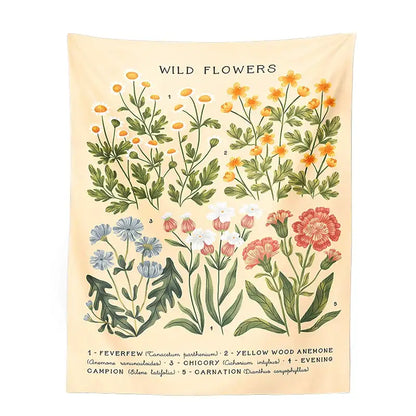 Bohemian teal botanical wildflower reference chart bedroom wall hanging