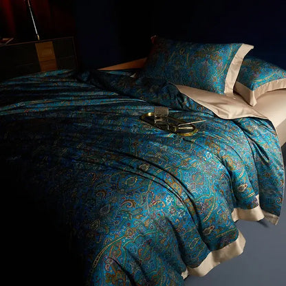Bohemian teal & gold egyptian cotton bedding set bedroom paisley