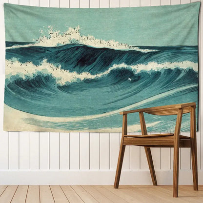 Bohemian teal & white blue wave oil painting tapestry bedroom decor