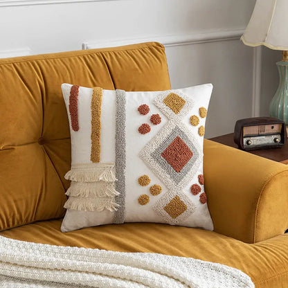 Bohemian tufted tassel pillow case beige geometric living room cushion