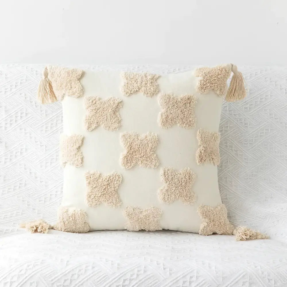 Bohemian tufted tassel pillow case beige geometric living room cushion