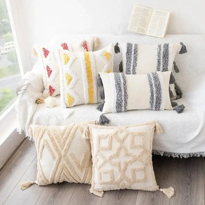 Bohemian tufted tassel pillow case beige geometric living room cushion