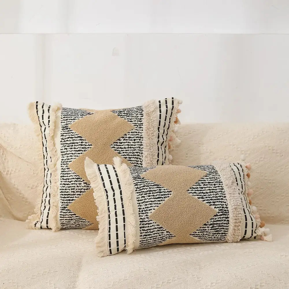 Bohemian tufted tassel pillow case beige geometric living room cushion