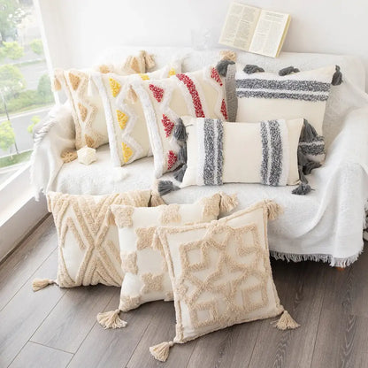 Bohemian tufted tassel pillow case beige geometric living room cushion