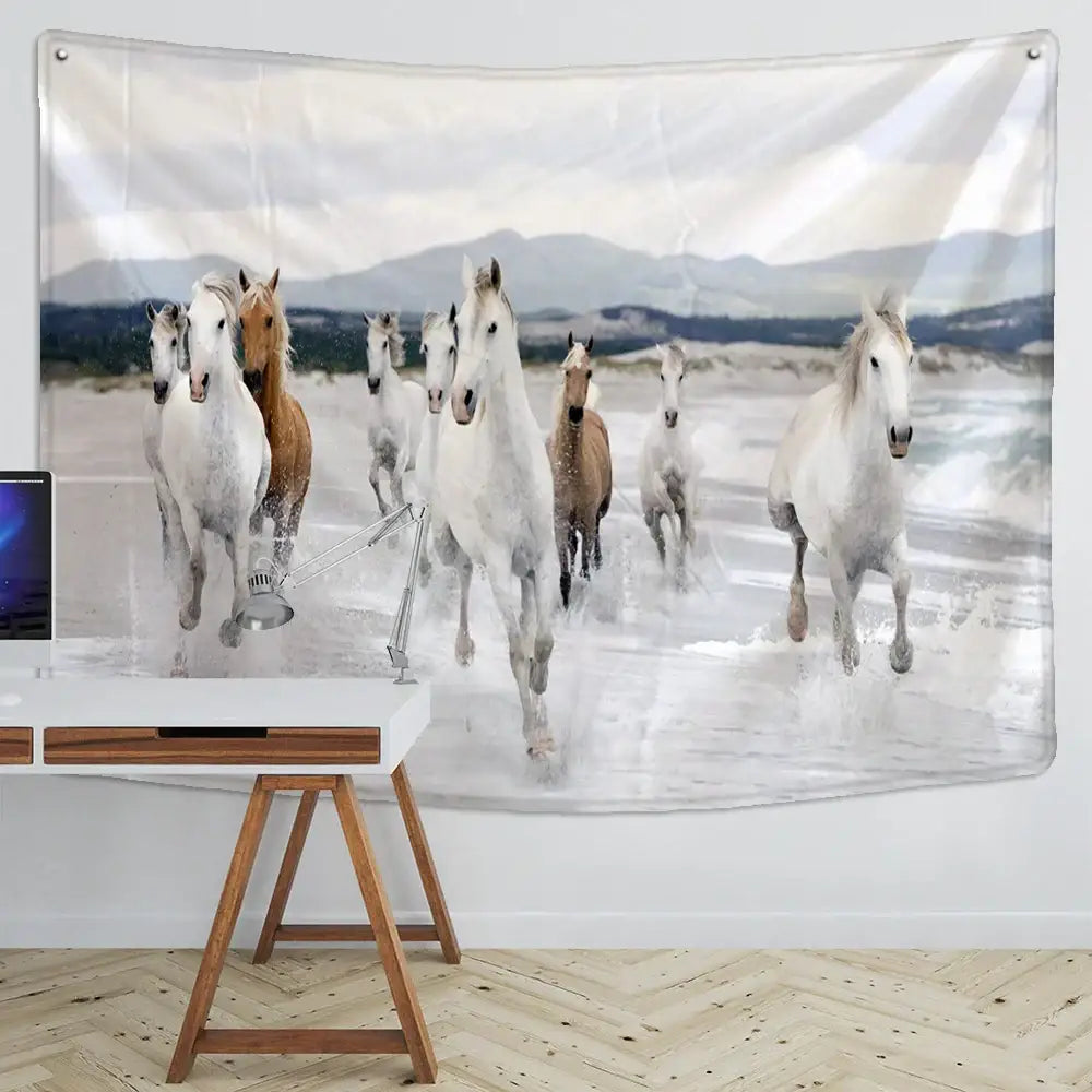 Bohemian white & brown horse print wall hanging living room tapestry
