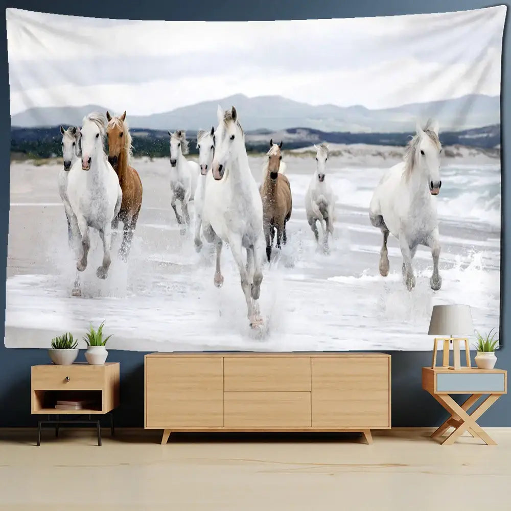 Bohemian white & brown horse print wall hanging living room tapestry