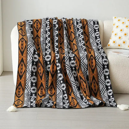 Bohemian winter blanket orange & white knitted throw bedroom decor
