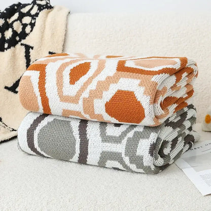 Bohemian winter blanket orange & white knitted throw bedroom decor