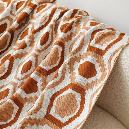 Bohemian winter blanket orange & white knitted throw bedroom decor