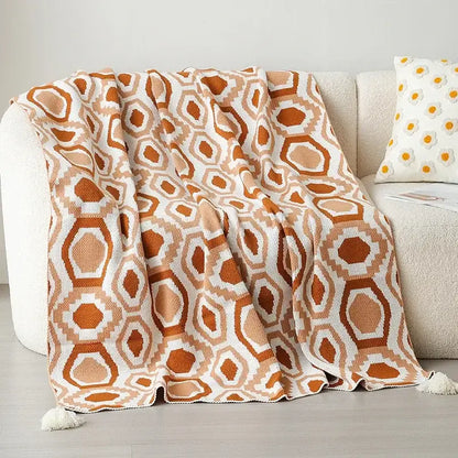 Bohemian winter blanket orange & white knitted throw bedroom decor