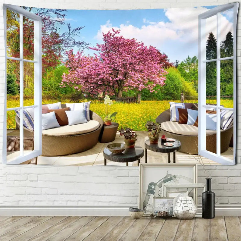 Bohemian wood tapestry wall hanging garden scene bedroom decor