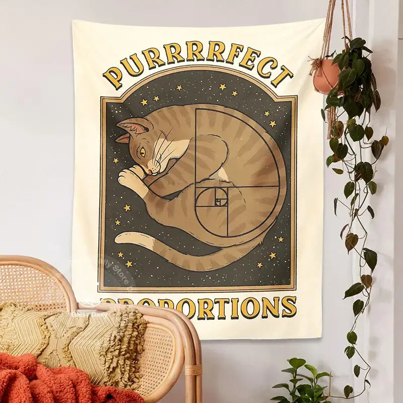 Boho beige and gold cute cat tapestry wall hanging bedroom decor