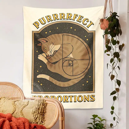 Boho beige and gold cute cat tapestry wall hanging bedroom decor