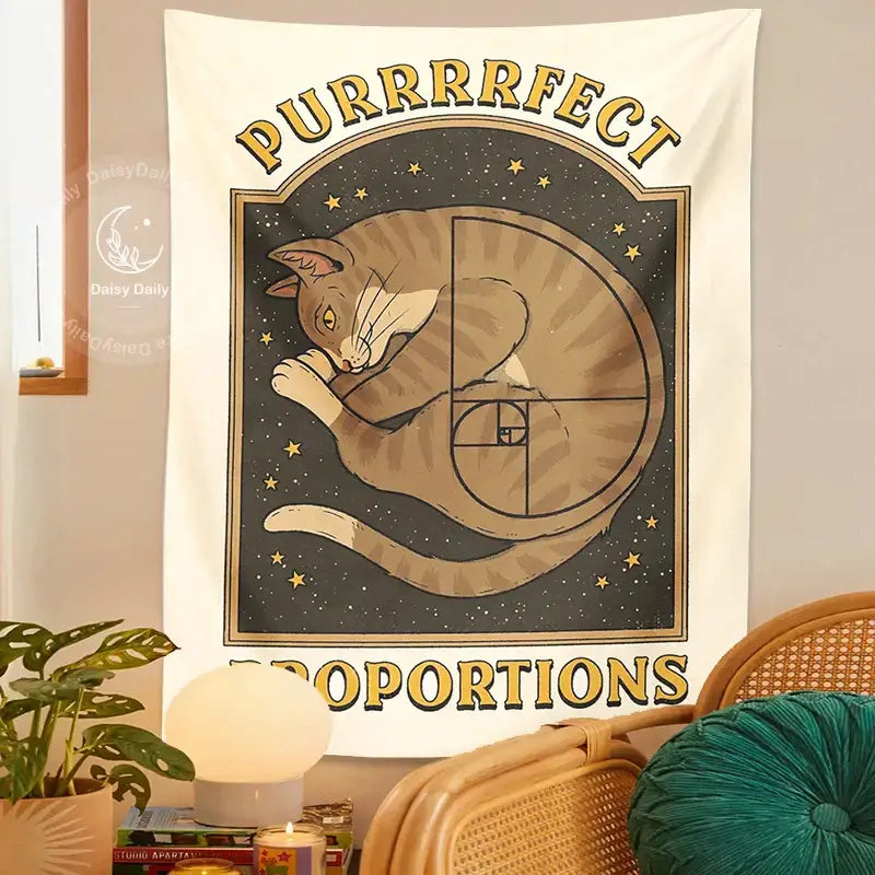 Boho beige and gold cute cat tapestry wall hanging bedroom decor